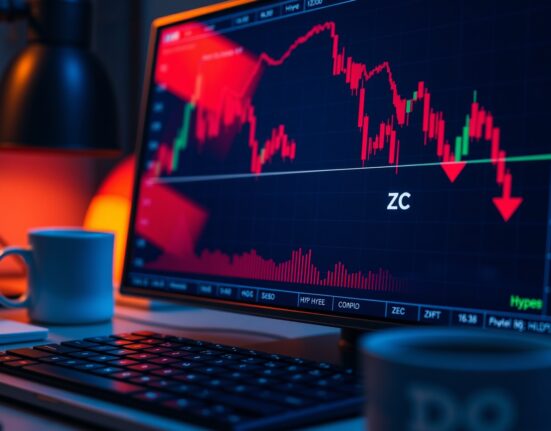 Trading screen showing bearish candlestick charts for XRP, HYPE, and ZEC with red arrows indicating decline.