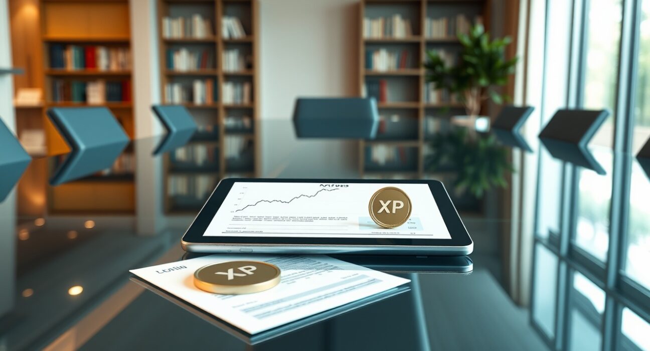 Institutional investment analysis for XRP cryptocurrency portfolio allocation in a professional boardroom setting.