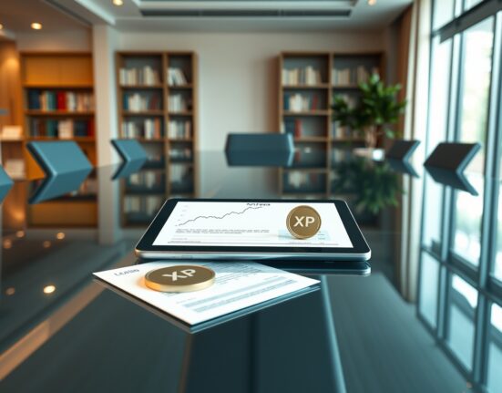 Institutional investment analysis for XRP cryptocurrency portfolio allocation in a professional boardroom setting.