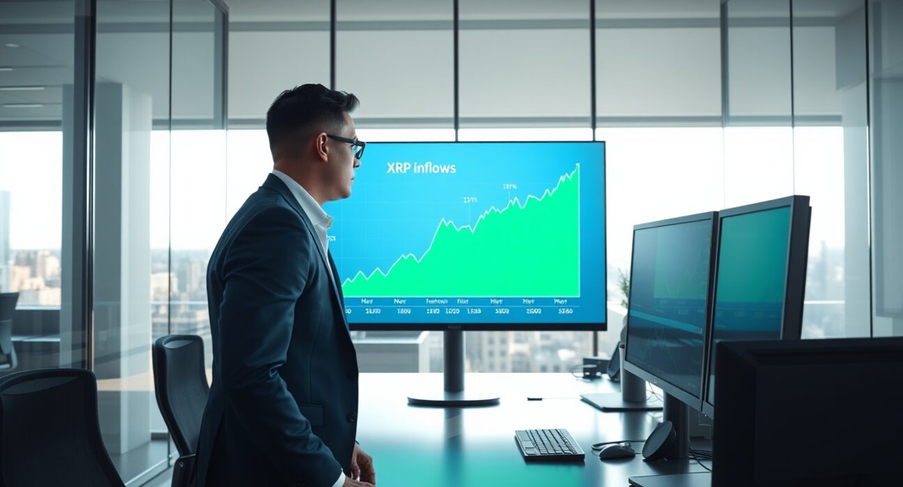 Financial analyst reviewing chart showing XRP investment product inflows surge
