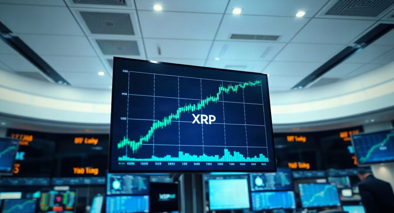 XRP price chart showing a sharp upward movement on a trading floor display