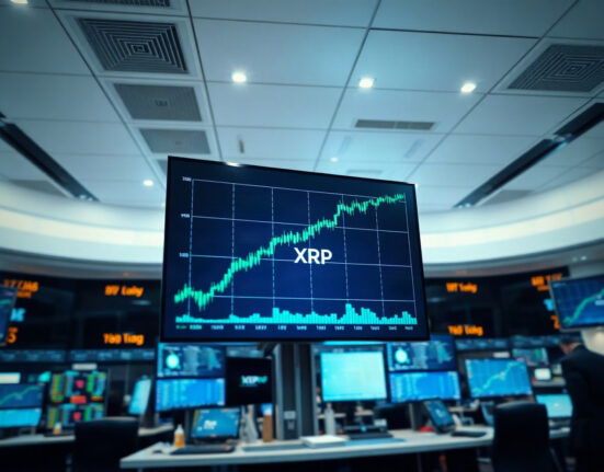 XRP price chart showing a sharp upward movement on a trading floor display