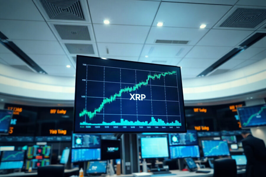 XRP price chart showing a sharp upward movement on a trading floor display