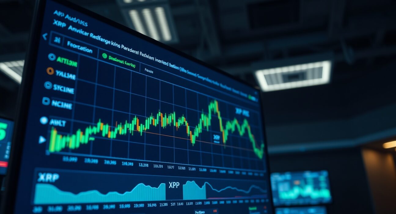 Trading dashboard showing XRP price charts and transaction data on a professional financial screen