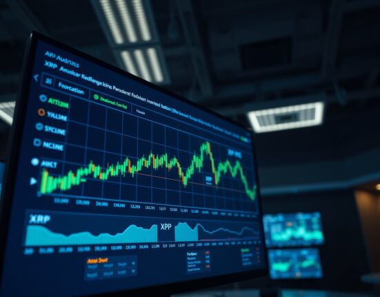 Trading dashboard showing XRP price charts and transaction data on a professional financial screen