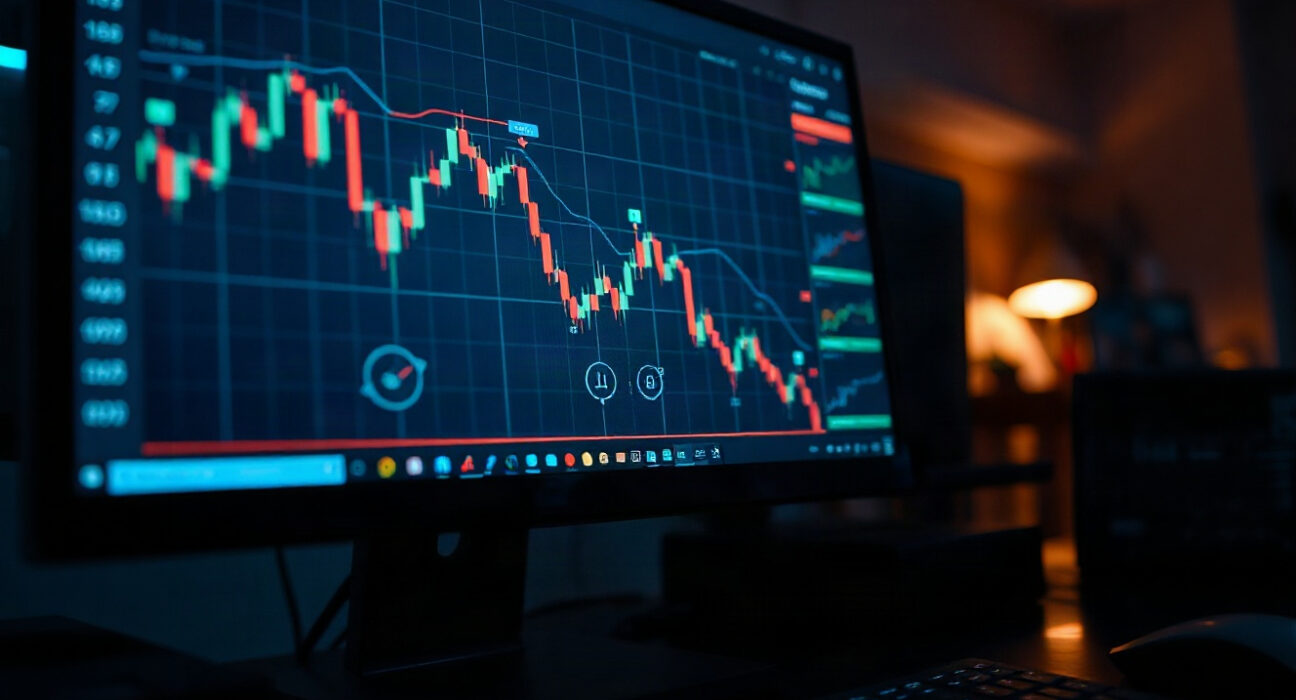 Cryptocurrency trading chart on a monitor with on-chain metrics overlay
