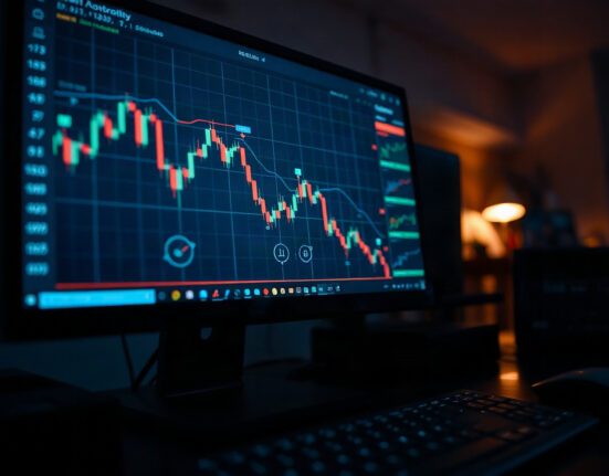 Cryptocurrency trading chart on a monitor with on-chain metrics overlay