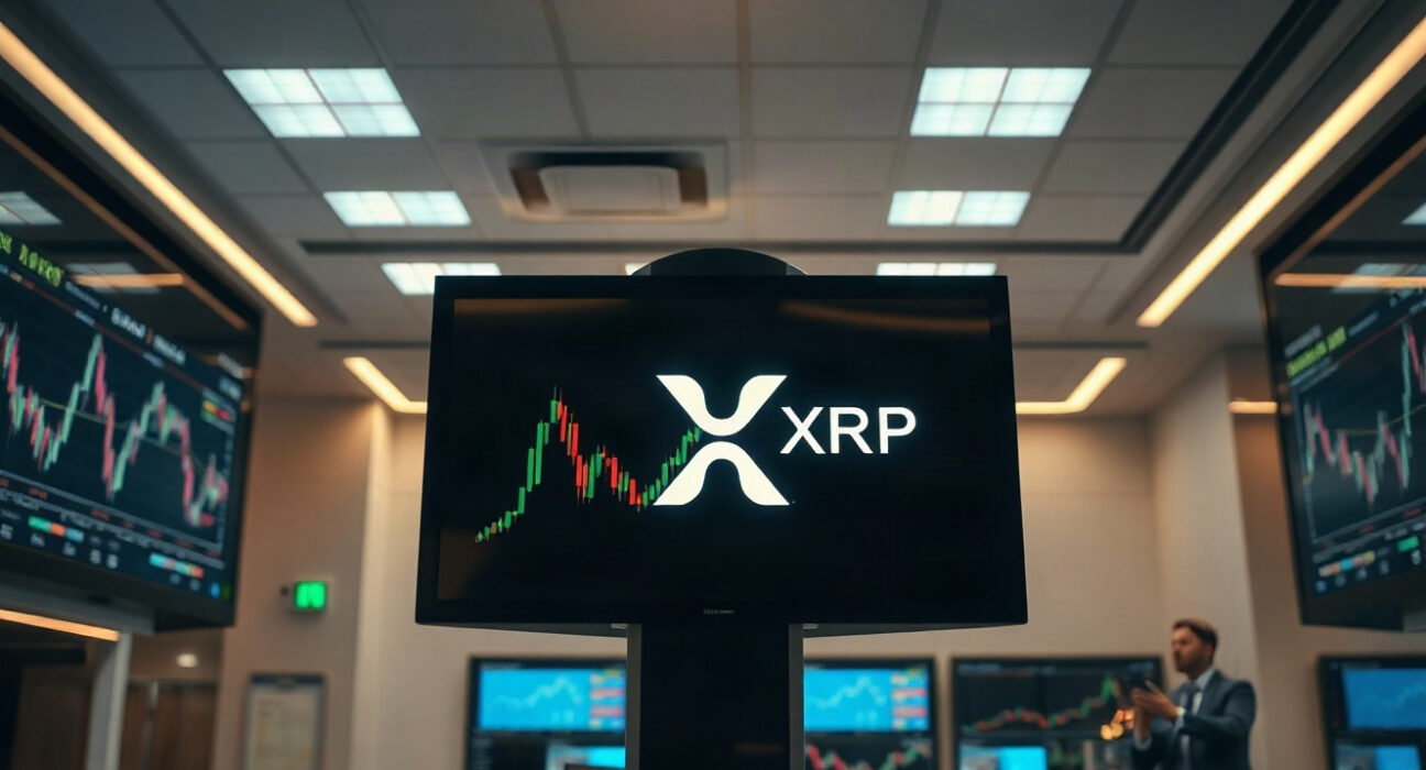 XRP Ledger DeFi proposal visual with digital trading screens and XRP branding