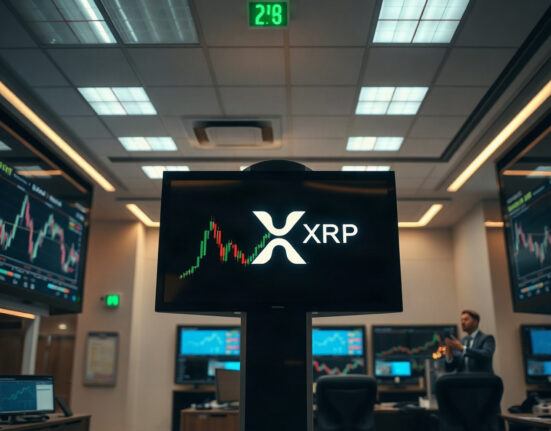 XRP Ledger DeFi proposal visual with digital trading screens and XRP branding