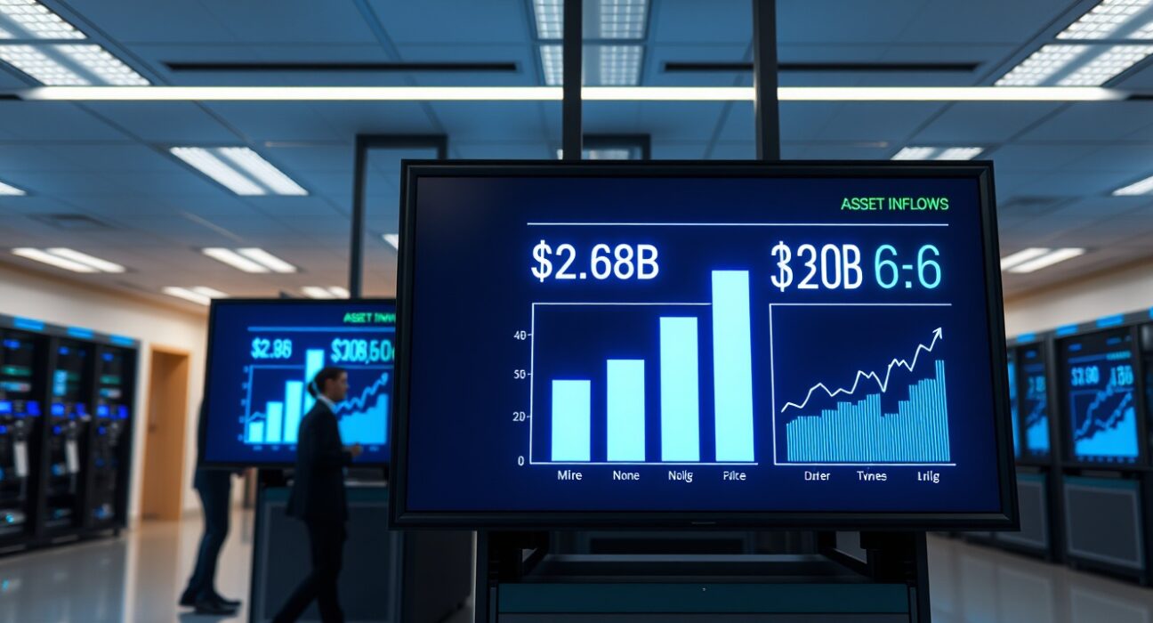 Digital display showing a bar chart comparing $2.6 billion in XRP Ledger asset inflows against $3 billion for BNB Chain in a modern financial data center.