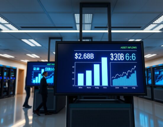 Digital display showing a bar chart comparing $2.6 billion in XRP Ledger asset inflows against $3 billion for BNB Chain in a modern financial data center.