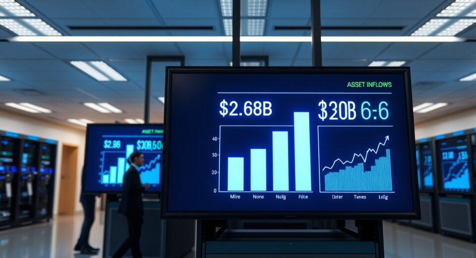 Digital display showing a bar chart comparing $2.6 billion in XRP Ledger asset inflows against $3 billion for BNB Chain in a modern financial data center.