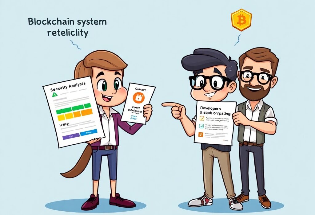 Cartoon showing a debate about XRP Ledger security, with developers defending its robust operational history.