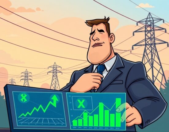 A cartoon illustration showing an energy company executive managing a substantial XRP Ledger yield investment, symbolizing growth and innovation.