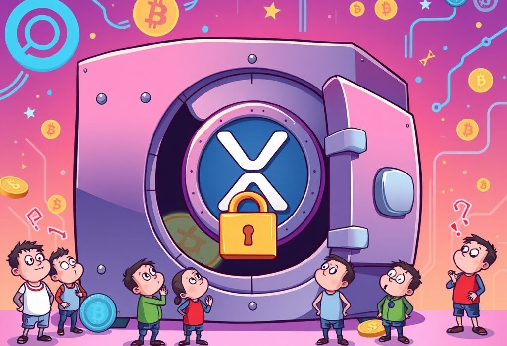 Cartoon image of a digital vault with a padlock, symbolizing 500 million XRP locked, illustrating its strategic impact on Ripple and the crypto market.