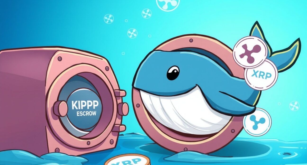 A cartoon whale guarding a digital vault, symbolizing 200 million XRP locked in Ripple's escrow.