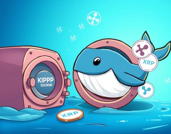 A cartoon whale guarding a digital vault, symbolizing 200 million XRP locked in Ripple's escrow.