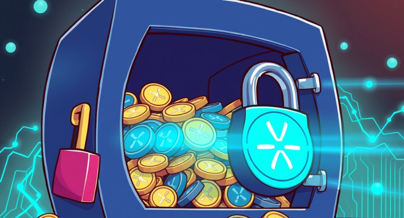 A secure digital vault containing a massive amount of XRP locked in escrow, symbolizing Ripple's strategic financial move.