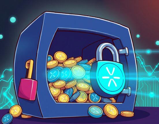 A secure digital vault containing a massive amount of XRP locked in escrow, symbolizing Ripple's strategic financial move.