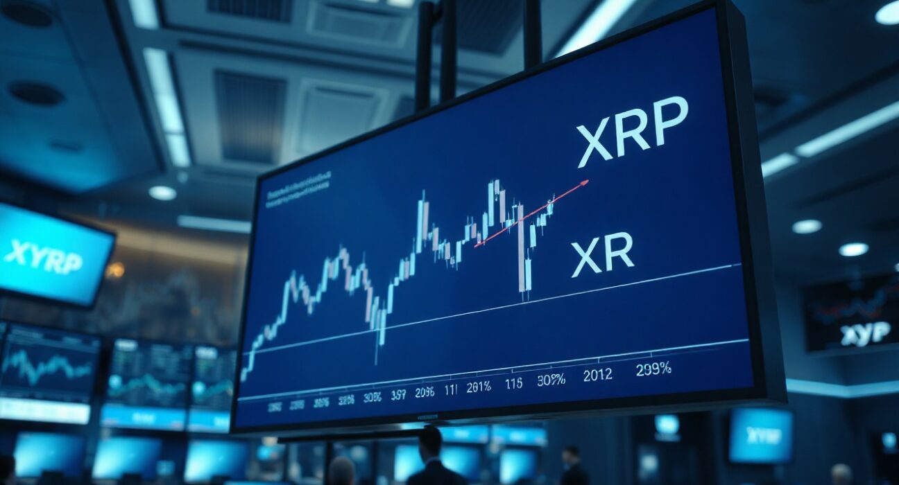 XRP price chart showing decline on trading floor display