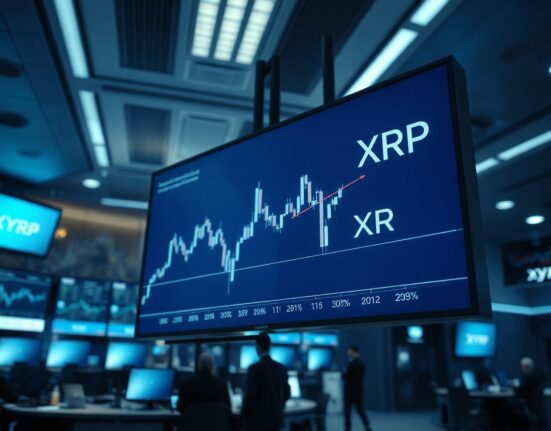 XRP price chart showing decline on trading floor display