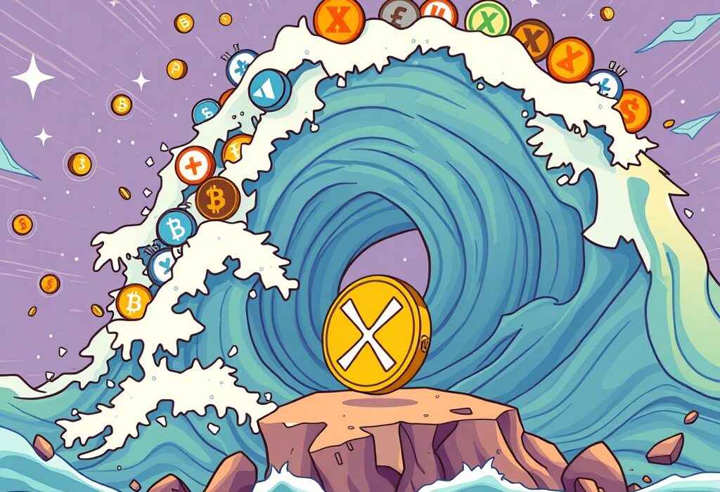 A cartoon illustration showing a large wave of stablecoins challenging XRP's market position, symbolizing a crucial shift in crypto dominance.