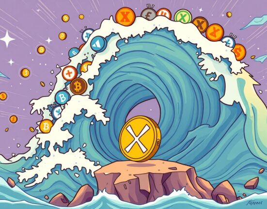 A cartoon illustration showing a large wave of stablecoins challenging XRP's market position, symbolizing a crucial shift in crypto dominance.