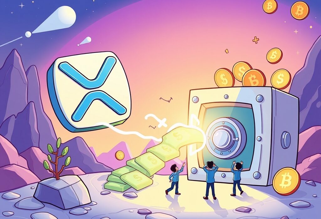 Cartoon illustration showing an XRP option income ETF generating wealth for investors.