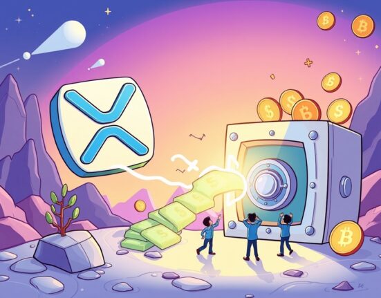 Cartoon illustration showing an XRP option income ETF generating wealth for investors.