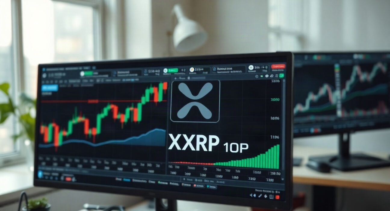 Digital trading screen with candlestick charts and volatility data representing XRP options market