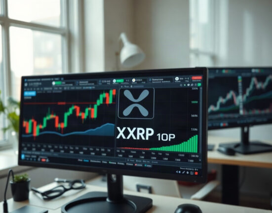 Digital trading screen with candlestick charts and volatility data representing XRP options market