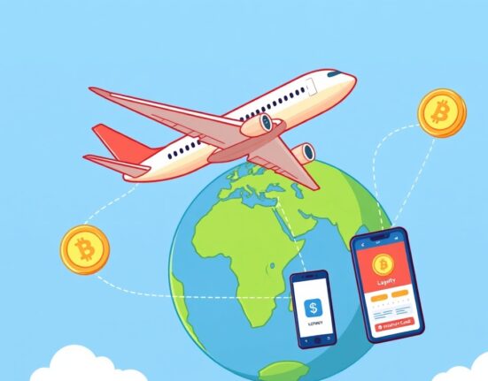 Cartoon illustration of a plane with digital currency symbols, symbolizing the integration of XRP payments into global travel loyalty programs.