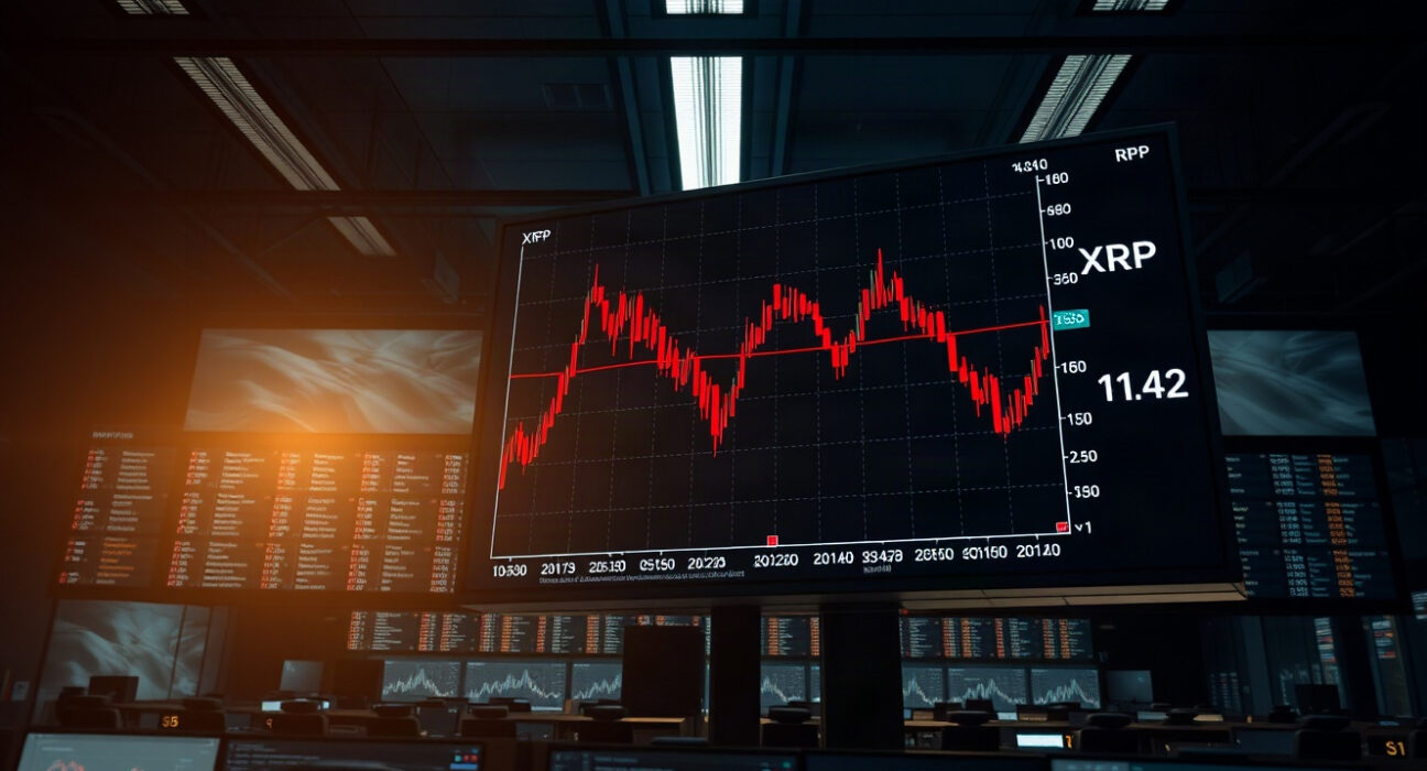 Trading screen showing XRP price drop to $1.42 with red candlestick chart