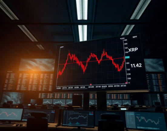 Trading screen showing XRP price drop to $1.42 with red candlestick chart
