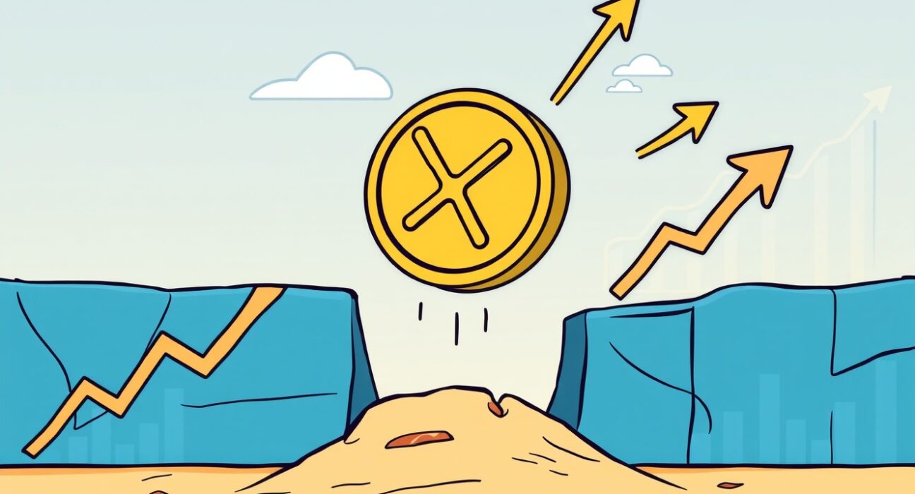 A vibrant cartoon illustration depicting XRP breaking free from a falling wedge pattern, symbolizing positive XRP price analysis and potential growth.