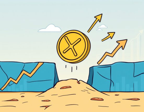 A vibrant cartoon illustration depicting XRP breaking free from a falling wedge pattern, symbolizing positive XRP price analysis and potential growth.