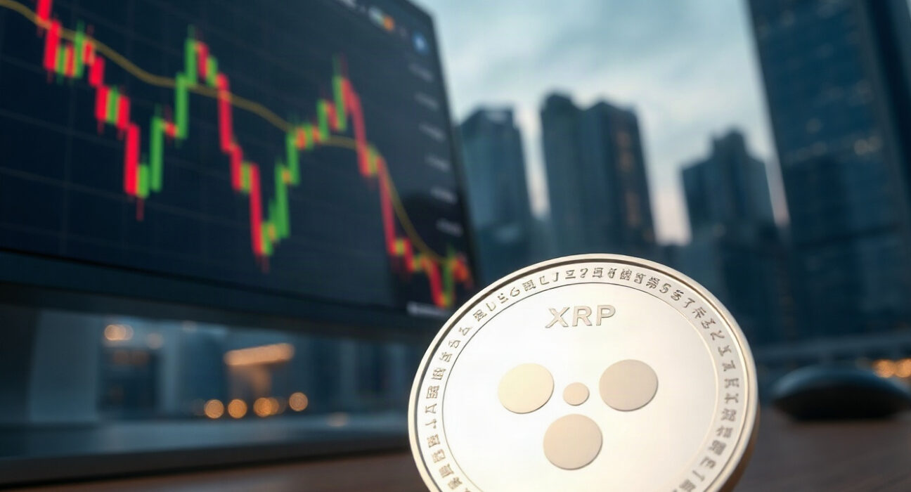 XRP token and declining price chart on a trading desk, representing the recent price drop below $1.00.