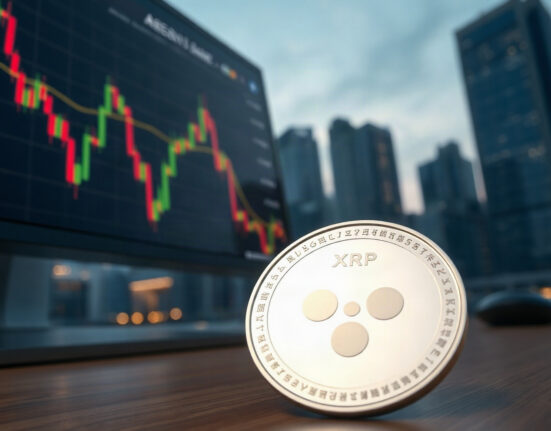 XRP token and declining price chart on a trading desk, representing the recent price drop below $1.00.