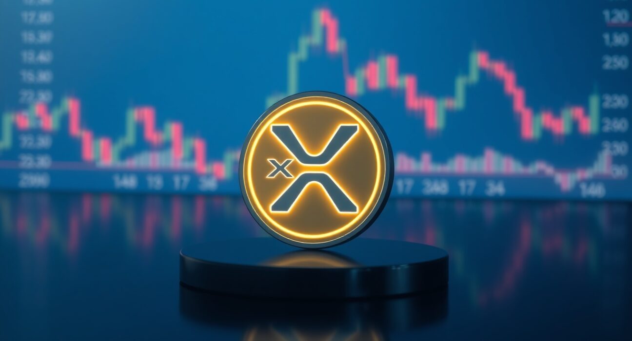 XRP coin on reflective surface with faint candlestick chart in background