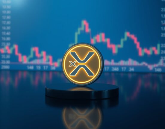 XRP coin on reflective surface with faint candlestick chart in background