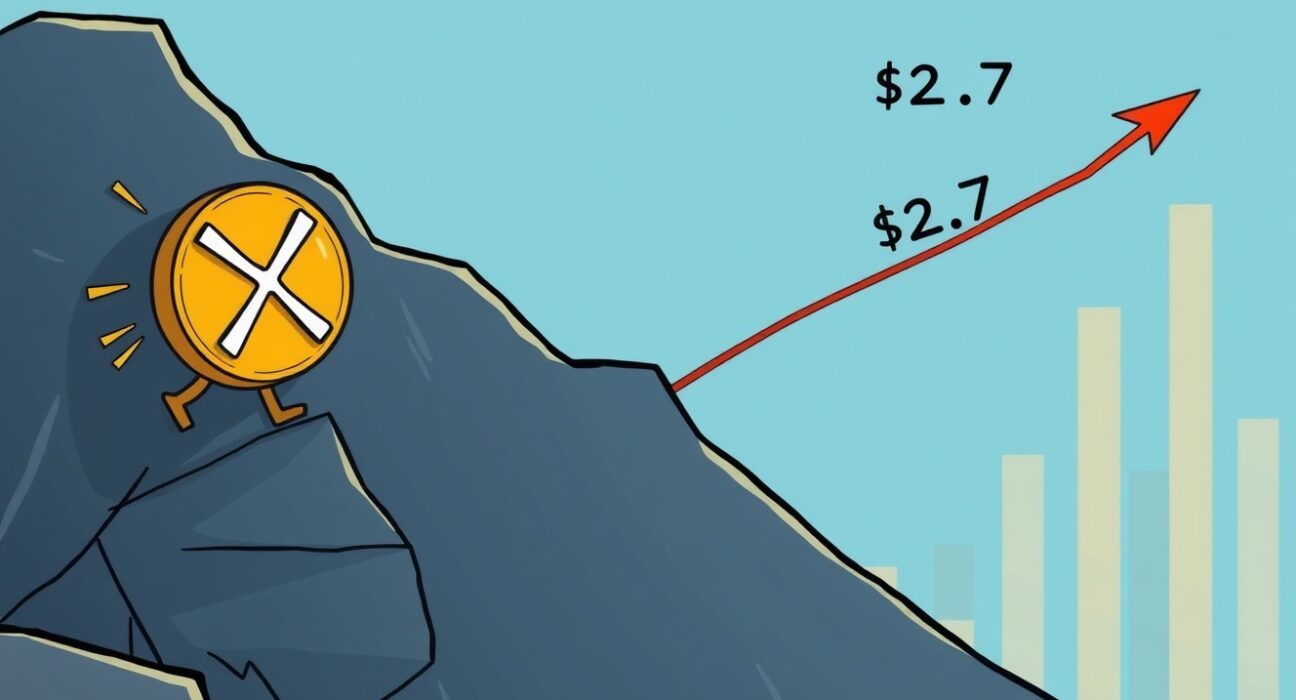 A cartoon illustration showing XRP price at a critical juncture, poised between a strong support level and a challenging $2.7 resistance.