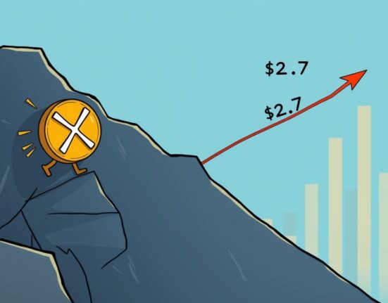 A cartoon illustration showing XRP price at a critical juncture, poised between a strong support level and a challenging $2.7 resistance.