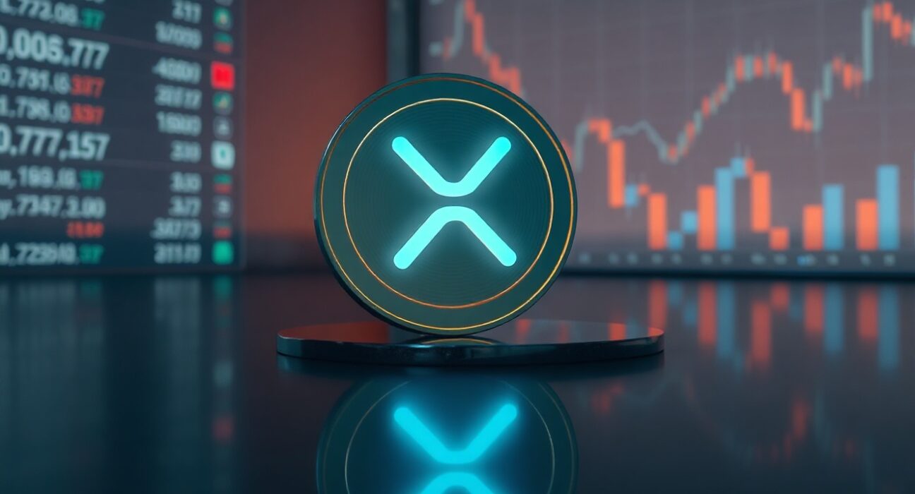 XRP coin on reflective surface with rising price charts in background, symbolizing market breakout and whale activity.