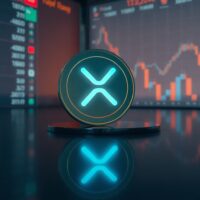 XRP coin on reflective surface with rising price charts in background, symbolizing market breakout and whale activity.