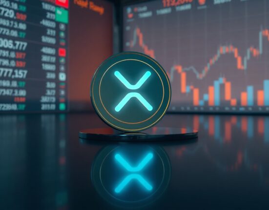 XRP coin on reflective surface with rising price charts in background, symbolizing market breakout and whale activity.