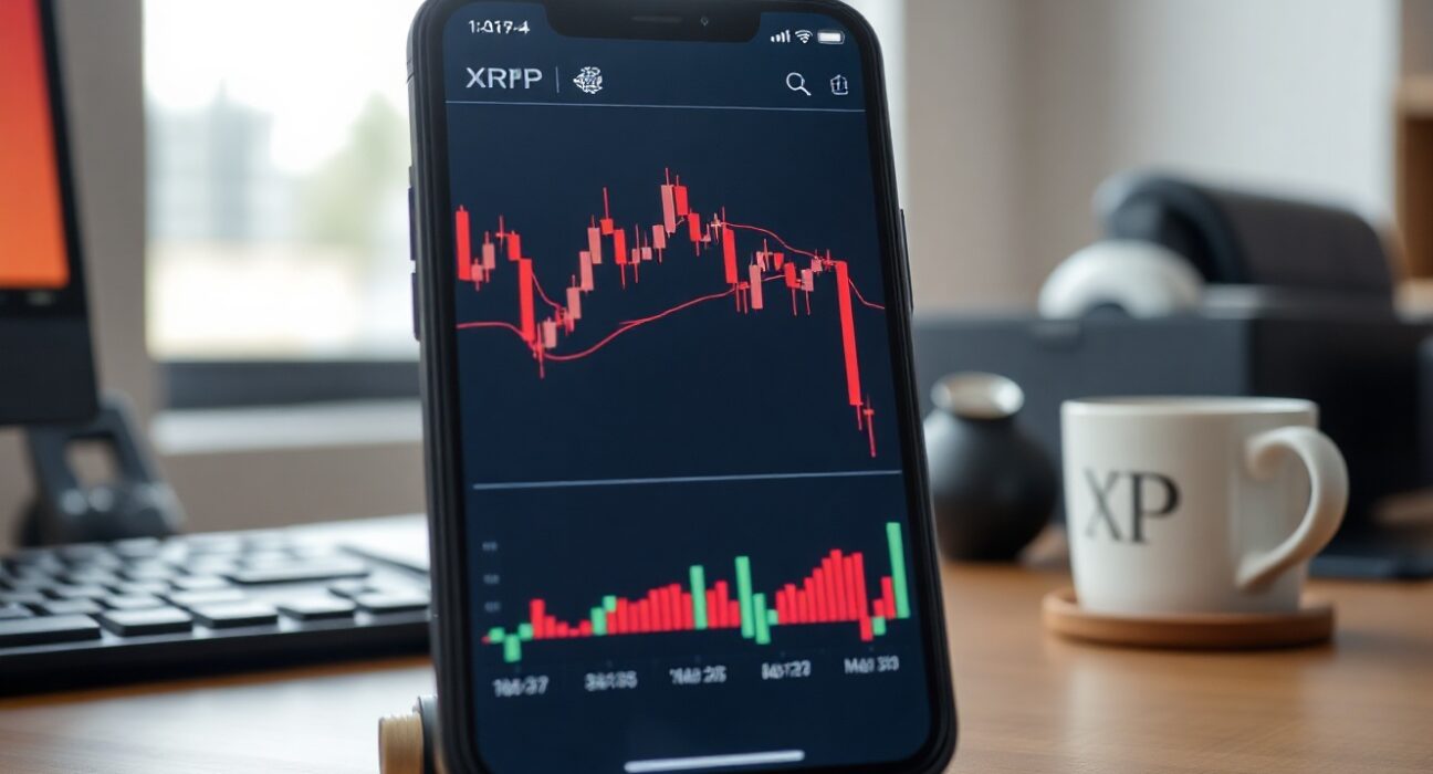 XRP price chart showing a downward trend on a trading screen in a professional setting