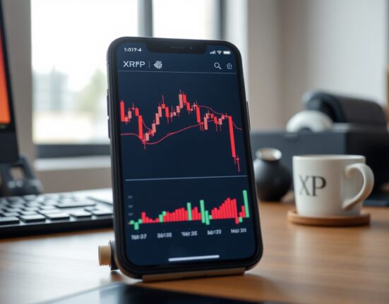 XRP price chart showing a downward trend on a trading screen in a professional setting