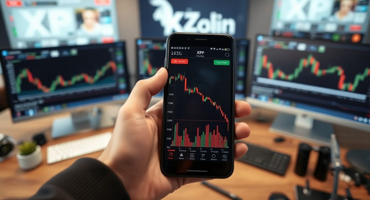 Trader's hand holding a smartphone showing a declining XRP price chart on a trading desk