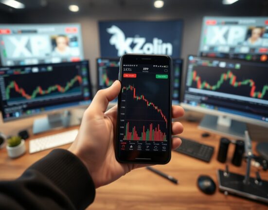 Trader's hand holding a smartphone showing a declining XRP price chart on a trading desk