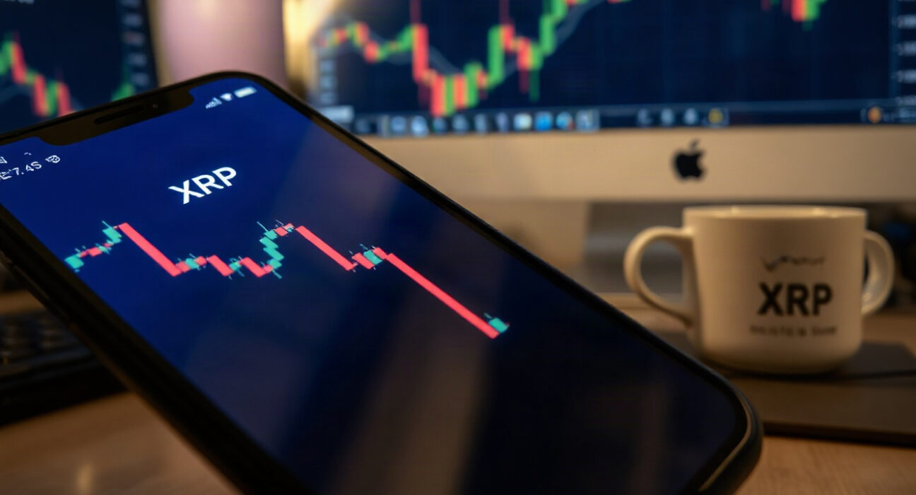 Smartphone displaying a downward XRP price chart on a trading desk